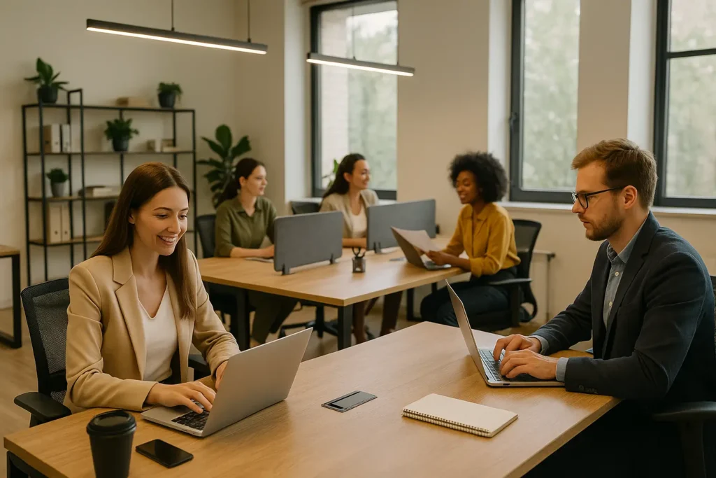 Sala com algumas pessoas reunidas trabalhando em seus notbooks