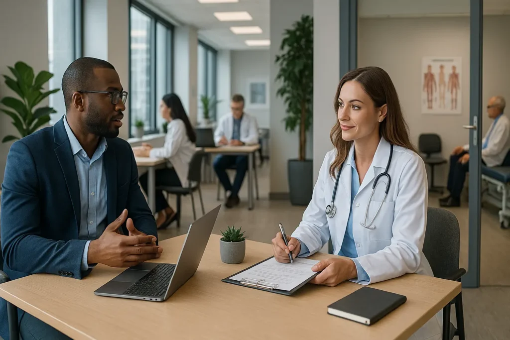 Um homem de terno, com notebook aberto, conversando com uma mulher, e jaleco branco.