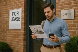 Homem branco e loiro, com camisa social azul e calça bege. Segurando na mão direita um anúncio de jornal e na mão esquerda um celular.