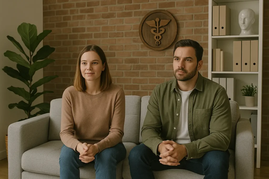 Um homem loiro de barba, com camisa verde e calça azul e uma mulher com cabelos castanhos , com blusa marrom e calça azul, sentados no sofá.