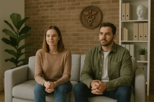 Um homem loiro de barba, com camisa verde e calça azul e uma mulher com cabelos castanhos , com blusa marrom e calça azul, sentados no sofá.