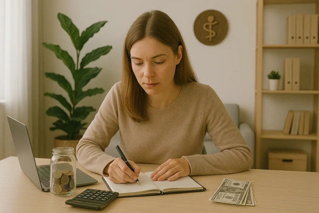 Uma mulher loira na foto, anotando em um caderno, tem um notebook aberto, uma calculadora e um pote com moedas na mesa dela e tem uma decoração atrás dela.