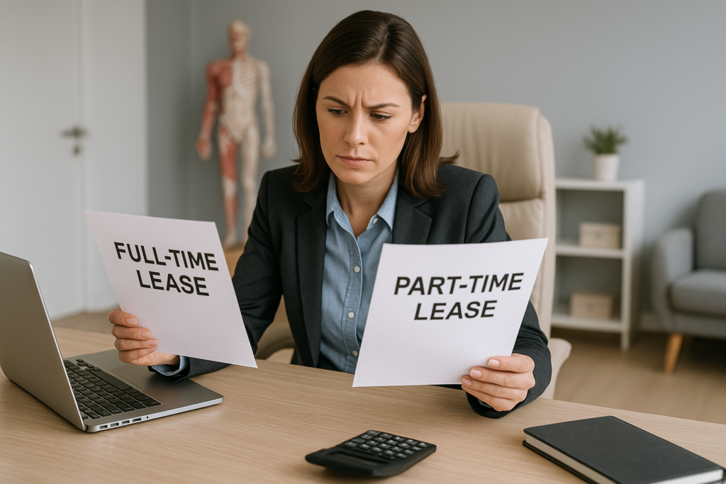 Mulher com expressão séria e cabelo castanho na altura dos ombros, sentada à mesa de um consultório médico moderno. Ela segura duas folhas de papel, uma com os dizeres "FULL-TIME LEASE" e outra com "PART-TIME LEASE", avaliando as opções de aluguel. Na mesa estão um notebook, uma calculadora e um caderno fechado. Ao fundo, há uma estante branca com pastas, uma planta decorativa e uma cadeira cinza.
