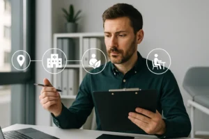 Homem jovem de pele clara, barba e cabelo castanho escuro, sentado em uma sala de consultório moderno. Ele segura uma prancheta e uma caneta, com expressão concentrada. À sua frente, há um notebook sobre a mesa. Ícones flutuantes conectados por linhas representam fatores que influenciam o valor do aluguel de um consultório médico, incluindo localização, estrutura da clínica, ambiente e mobiliário. Ao fundo, uma estante com pastas e uma planta decorativa compõem o cenário iluminado por luz natural.