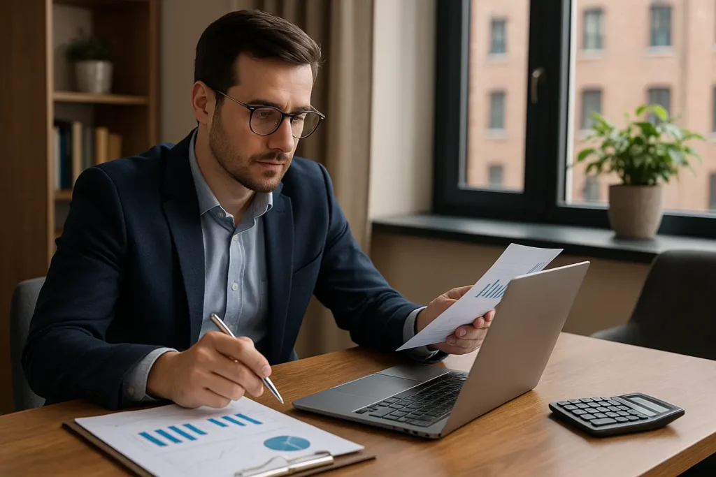 Homem jovem de pele clara, usando óculos e terno azul-marinho com camisa azul-clara, sentado à mesa de madeira em um escritório iluminado. Ele analisa relatórios financeiros com gráficos e tabelas, enquanto segura uma folha com dados e consulta um notebook. Na mesa, há também uma calculadora e um porta-papel. Ao fundo, uma janela ampla deixa entrar luz natural, com vista para prédios de tijolos e uma planta decorativa no parapeito.