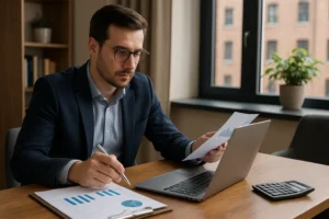 Homem jovem de pele clara, usando óculos e terno azul-marinho com camisa azul-clara, sentado à mesa de madeira em um escritório iluminado. Ele analisa relatórios financeiros com gráficos e tabelas, enquanto segura uma folha com dados e consulta um notebook. Na mesa, há também uma calculadora e um porta-papel. Ao fundo, uma janela ampla deixa entrar luz natural, com vista para prédios de tijolos e uma planta decorativa no parapeito.