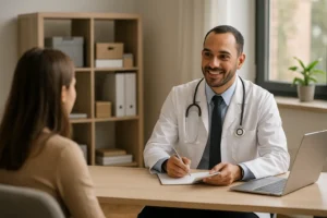 Médico jovem de pele morena clara e barba bem feita, usando jaleco branco e estetoscópio, sorri enquanto conversa com uma paciente em um consultório moderno e bem iluminado. Ele segura uma caneta e um bloco de anotações sobre a mesa, onde também há um notebook. Ao fundo, há uma estante com pastas e caixas organizadoras, além de uma janela com plantas no parapeito.