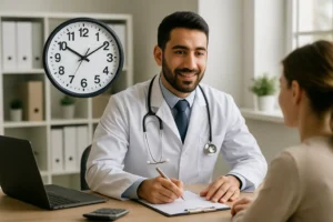 Médico jovem de pele morena clara, barba bem aparada e jaleco branco, sorri enquanto atende uma paciente em um consultório moderno e iluminado. Sobre a mesa estão um notebook, uma calculadora e um bloco de anotações onde o médico escreve. Ao fundo, há uma estante com pastas organizadoras e uma planta decorativa. Um grande relógio na parede marca 10:10, destacando a relação com o tempo, reforçando o conceito de locação por hora.