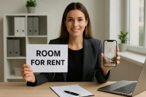Mulher jovem de pele clara e cabelos castanhos lisos até os ombros, vestida com blazer escuro, sentada à mesa em um escritório moderno e bem iluminado. Ela sorri e segura um cartaz com os dizeres "ROOM FOR RENT" em uma mão e um celular na outra, que exibe a foto de uma sala vazia e bem decorada com duas poltronas e uma mesinha. Sobre a mesa estão um notebook, um contrato e uma caneta, reforçando o contexto de anúncio estratégico de sala para consultório.