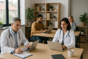 Imagem com uma sala de coworking, com varios medicos trabalhando
