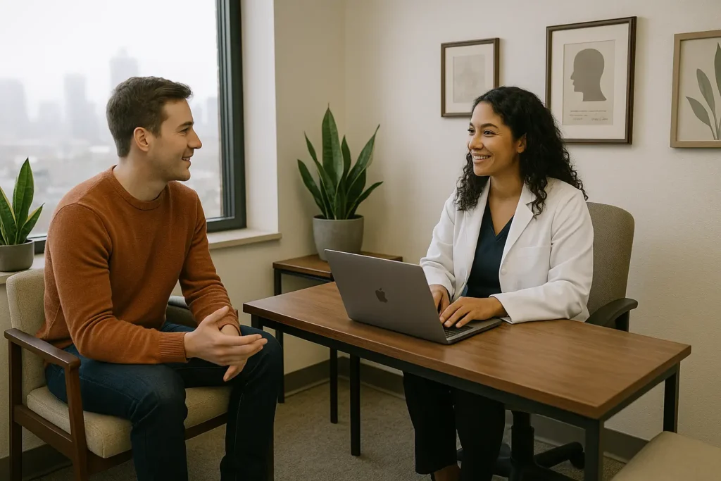 Imagem com duas pessoas em uma sala fechando negocios