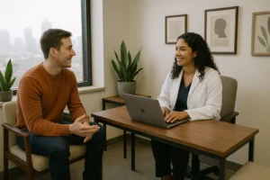 Imagem com duas pessoas em uma sala fechando negocios