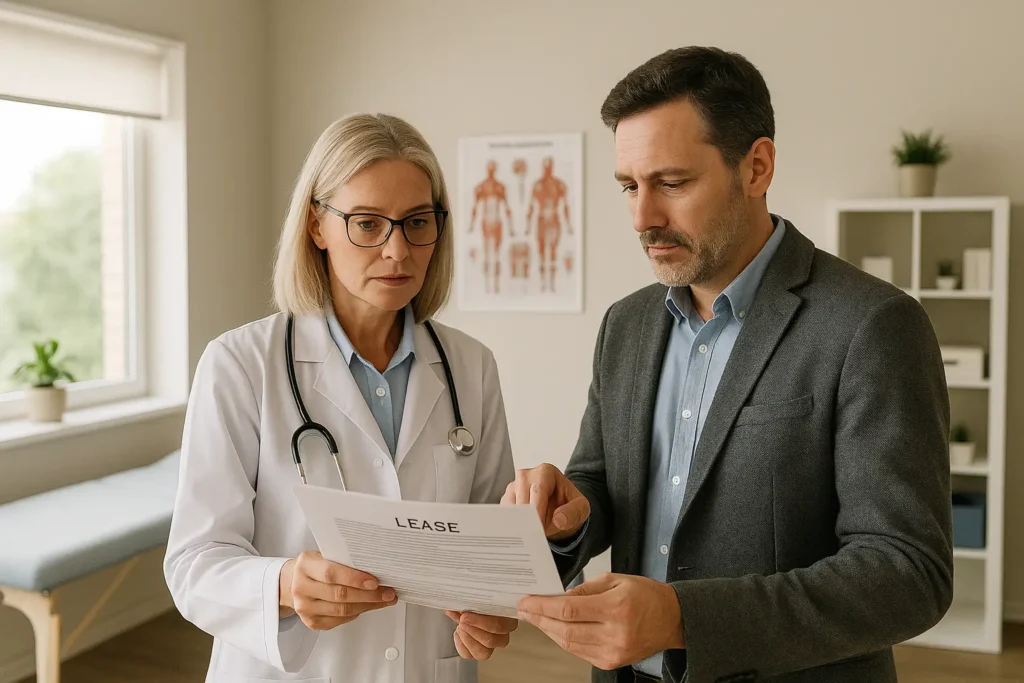 Imagem duas pessoas lendo um papel em uma sala de coworking para medicos