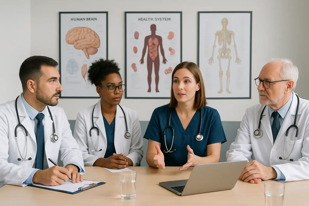 Imagem com medicos reunidos trabalahndo em uma sala com um notbook