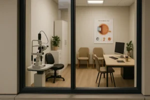 Consultório oftalmológico moderno visto de fora por uma janela de vidro. À esquerda, há um equipamento de exame ocular com cadeira preta. No centro, duas poltronas bege estão posicionadas em frente a um pôster ilustrando a anatomia do olho humano. À direita, uma mesa de madeira com computador, teclado, tablet e um vaso de planta completam o ambiente, que é bem iluminado e decorado com tons neutros e plantas em vasos.