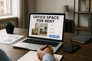 Pessoa sentada em uma mesa de escritório digitando ou fazendo anotações enquanto observa a tela de um notebook com o anúncio "OFFICE SPACE FOR RENT". A tela exibe uma imagem de uma sala mobiliada e campos para preencher localização, descrição e preço do aluguel, com um botão azul escrito "POST AD". Sobre a mesa, há também gráficos impressos, um caderno, um smartphone e um pequeno vaso com planta decorativa. Ao fundo, uma estante com livros e uma luminária compõem o ambiente iluminado por luz natural da janela.
