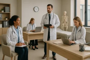 Grupo de médicos em um consultório moderno durante uma reunião ou sessão de estudo. Três mulheres e um homem, todos usando jalecos brancos e estetoscópios, estão concentrados em anotações e laptops. Um médico em pé segura um tablet enquanto conversa com os colegas. Ao fundo, há uma maca de exames, um esqueleto anatômico e prateleiras com pastas organizadas.