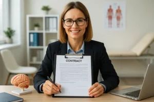 Mulher sorridente usando terno e óculos segura um contrato sobre uma prancheta, pronta para ser assinado. Ela está sentada em uma mesa com um modelo anatômico de cérebro, um notebook e caneta. Ao fundo, há uma maca de exames, prateleiras com livros e plantas, e um pôster médico na parede, indicando um ambiente clínico ou de consultório.