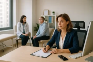 Mulher com traje formal escreve em uma prancheta sentada à mesa em um consultório moderno, ao lado de um computador e um celular. Ao fundo, uma médica de jaleco branco conversa com um paciente idoso em um canto da sala, próximo a uma janela ampla. O ambiente é organizado, com móveis claros, plantas decorativas e prateleiras com pastas e livros.