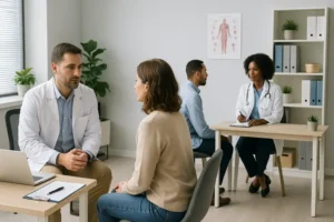 Dois médicos atendem pacientes em um consultório moderno. À esquerda, um médico com jaleco branco conversa seriamente com uma mulher sentada à sua frente. À direita, uma médica também de jaleco ouve atentamente um paciente enquanto faz anotações. O ambiente é organizado, com prateleiras, plantas e pôster anatômico na parede.