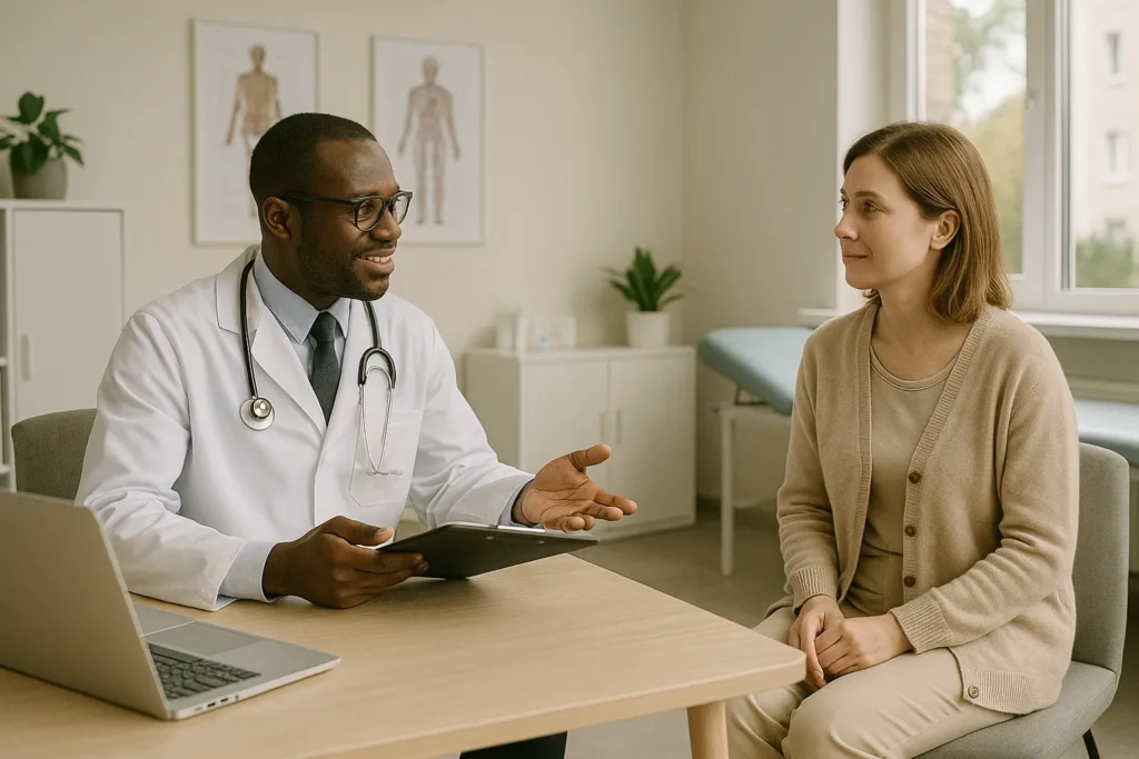 Médico negro com jaleco branco conversa com paciente em consultório moderno, iluminado e integrado, com laptop sobre a mesa, quadro anatômico e maca ao fundo.