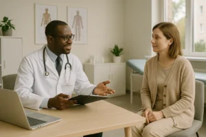 Médico negro com jaleco branco conversa com paciente em consultório moderno, iluminado e integrado, com laptop sobre a mesa, quadro anatômico e maca ao fundo.