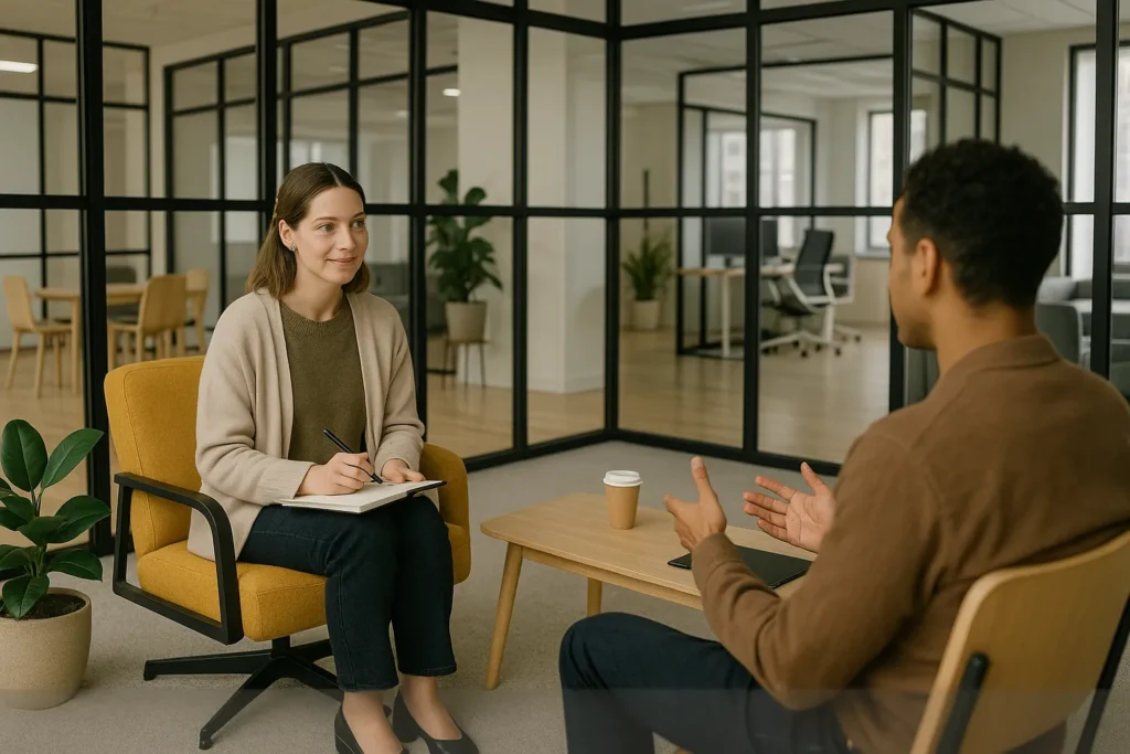 **Texto alternativo (alt text):** Psicóloga sentada em cadeira amarela conversa com paciente em espaço moderno e envidraçado, representando um consultório flexível e acolhedor voltado à psicologia.