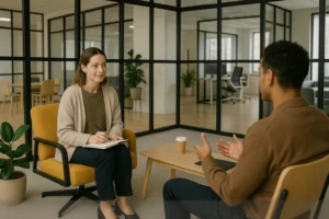 **Texto alternativo (alt text):** Psicóloga sentada em cadeira amarela conversa com paciente em espaço moderno e envidraçado, representando um consultório flexível e acolhedor voltado à psicologia.