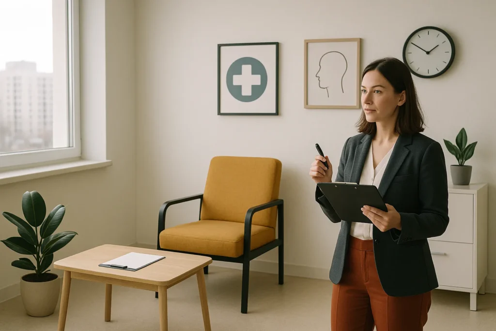 Mulher de blazer escuro e calça marrom avalia uma sala de consultório iluminada, com cadeira amarela, mesa de madeira, planta decorativa e quadros na parede, transmitindo um ambiente moderno e acolhedor para atendimento médico.