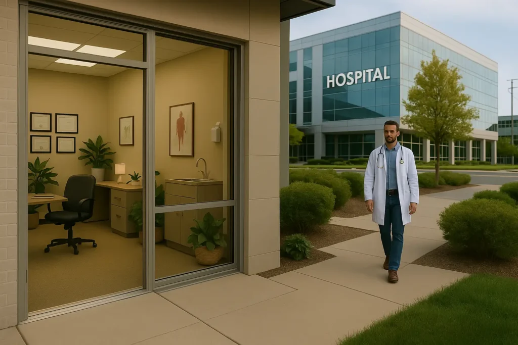 Um médico de jaleco branco caminha por uma calçada em frente a um prédio moderno de hospital, cercado por arbustos bem cuidados e árvores. À esquerda, uma sala médica com parede de vidro revela um ambiente acolhedor e bem decorado, com plantas, uma luminária acesa sobre a mesa, quadros na parede e certificados emoldurados. O cenário transmite profissionalismo, tranquilidade e organização.