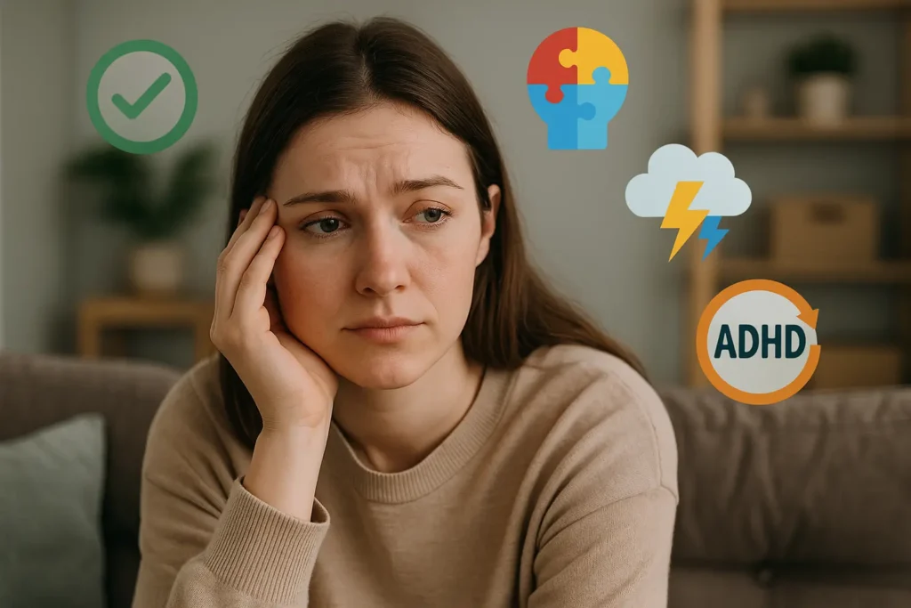 Mulher jovem de pele clara e cabelos castanhos longos está sentada em um sofá com expressão pensativa e levemente preocupada, apoiando a cabeça em uma das mãos. Ela veste um suéter bege em um ambiente doméstico com iluminação natural suave. Ao redor de sua cabeça, aparecem ícones representando condições neurodivergentes, como um cérebro em forma de quebra-cabeça colorido, um símbolo de TDAH, um raio dentro de uma nuvem e um círculo com um sinal de check verde.