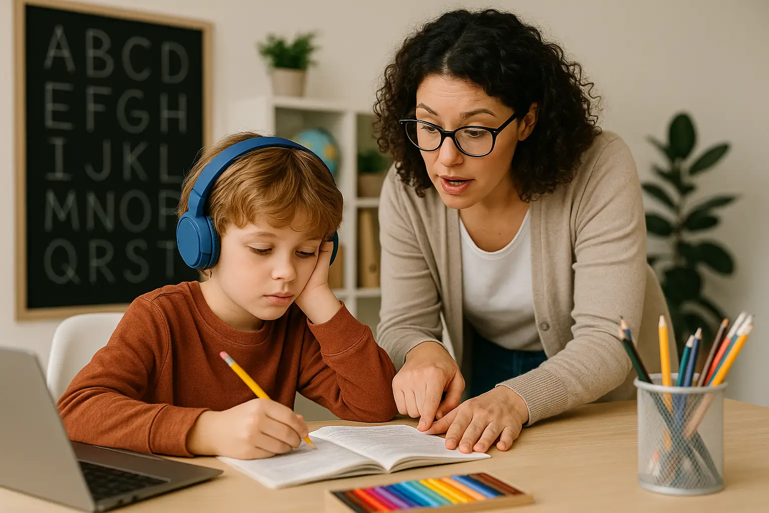 Menino loiro de aproximadamente 7 anos, usando fones de ouvido azuis e camiseta marrom, escreve em um caderno enquanto recebe orientação de uma mulher adulta com cabelos cacheados, óculos e cardigã bege. Eles estão em uma sala de estudos iluminada, com alfabeto na lousa ao fundo, lápis de cor sobre a mesa e um notebook aberto, em um ambiente acolhedor e educativo.
