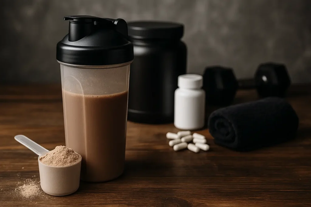 Imagem em close-up de suplementos fitness sobre uma superfície de madeira escura. Em destaque, há um copo shaker transparente com tampa preta contendo um líquido marrom, ao lado de um medidor com pó de suplemento. Ao fundo, estão um pote preto, um frasco branco de comprimidos, cápsulas espalhadas, uma toalha de treino preta dobrada e um par de halteres desfocados, compondo um ambiente voltado à suplementação antes ou após o exercício.