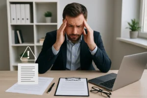 Homem jovem de pele clara, com expressão de preocupação, sentado à mesa em um escritório moderno e iluminado. Ele veste blazer azul-marinho e camisa azul-clara, com as mãos pressionadas nas têmporas, sugerindo estresse. Sobre a mesa há um contrato, papéis, caneta, óculos, notebook e um ícone flutuante de alerta, indicando erro ou problema. Ao fundo, uma estante com pastas organizadoras e uma planta decorativa completam o ambiente.