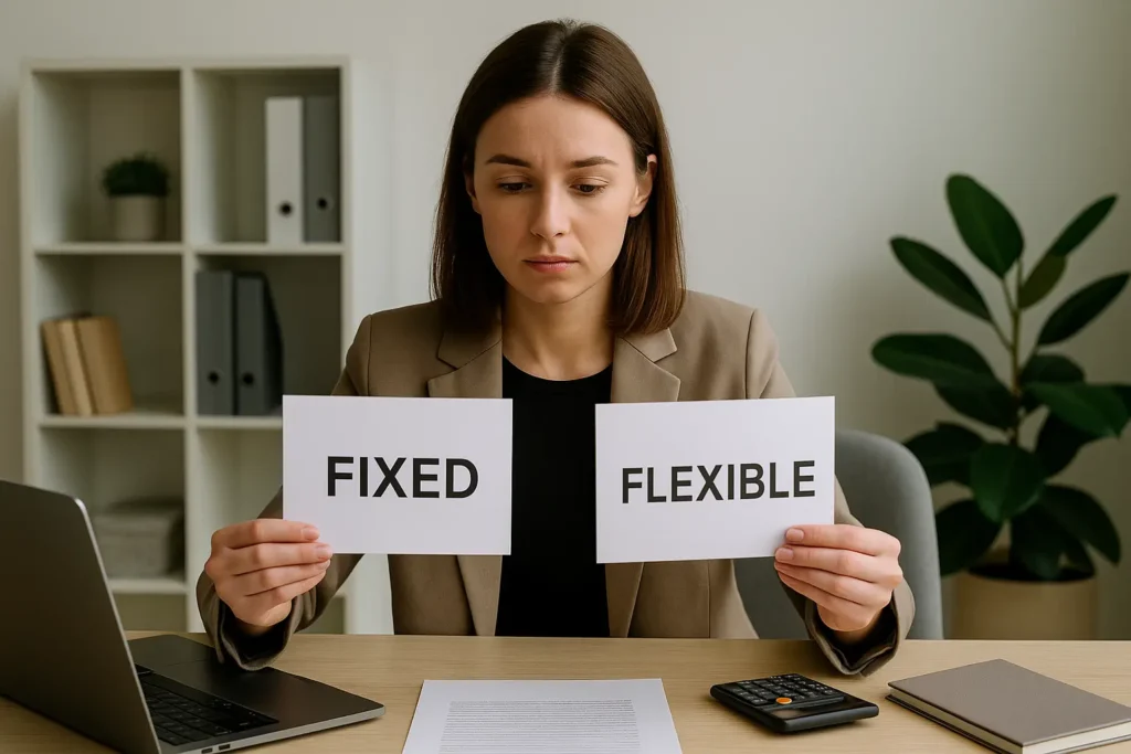 Mulher jovem de pele clara e cabelo castanho na altura dos ombros está sentada à mesa em um escritório moderno e bem iluminado. Com expressão séria, ela segura duas folhas de papel, uma com a palavra “FIXED” e outra com “FLEXIBLE”, refletindo sobre as opções. Sobre a mesa há um notebook, uma calculadora, um caderno fechado e um contrato impresso. Ao fundo, há uma estante com pastas organizadas e uma planta decorativa.