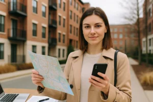 Mulher jovem de pele clara e cabelo castanho liso na altura dos ombros, vestindo um sobretudo bege claro, está em uma rua de um bairro urbano com prédios de tijolos ao fundo. Ela segura um mapa dobrado em uma mão e um celular na outra, olhando para a câmera com expressão confiante. Sobre uma mesa próxima, há um notebook, um documento e uma caneta, sugerindo planejamento ou pesquisa de locais para alugar consultórios médicos.