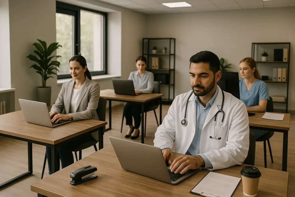 Profissionais da saúde e da área administrativa trabalham em um ambiente de escritório moderno, sentados em mesas separadas com notebooks. Um médico com jaleco branco e estetoscópio aparece em primeiro plano, digitando em seu laptop. Ao fundo, outras pessoas, incluindo uma profissional de saúde com roupa azul, também utilizam computadores. O local é bem iluminado, com plantas decorativas e estantes com pastas.
