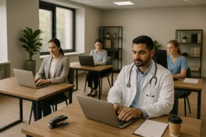 Profissionais da saúde e da área administrativa trabalham em um ambiente de escritório moderno, sentados em mesas separadas com notebooks. Um médico com jaleco branco e estetoscópio aparece em primeiro plano, digitando em seu laptop. Ao fundo, outras pessoas, incluindo uma profissional de saúde com roupa azul, também utilizam computadores. O local é bem iluminado, com plantas decorativas e estantes com pastas.