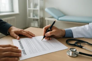 Close-up de duas pessoas assinando um contrato de locação em um consultório médico iluminado. Um médico segura uma caneta e assina o documento, enquanto o outro indivíduo observa com a mão apoiada sobre a mesa. Ao fundo, é possível ver uma maca médica e prateleiras com materiais de saúde. Um estetoscópio está sobre a mesa ao lado do contrato.
