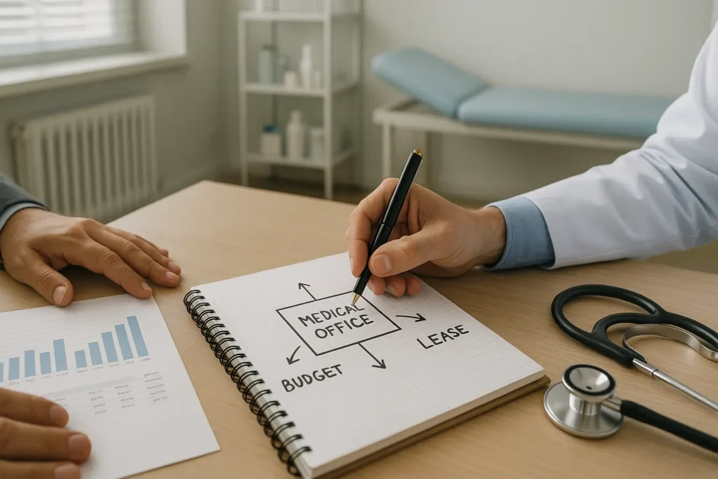 Duas pessoas discutem o planejamento para aluguel de uma sala de consultório médico em uma mesa de madeira. Um deles escreve em um caderno quadriculado com a palavra “MEDICAL OFFICE” no centro, ligada por setas às palavras “BUDGET” e “LEASE”. Ao lado, há um gráfico financeiro, um estetoscópio e, ao fundo, uma maca médica e uma estante com itens de saúde. A cena transmite organização e tomada de decisão estratégica.