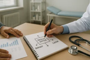Duas pessoas discutem o planejamento para aluguel de uma sala de consultório médico em uma mesa de madeira. Um deles escreve em um caderno quadriculado com a palavra “MEDICAL OFFICE” no centro, ligada por setas às palavras “BUDGET” e “LEASE”. Ao lado, há um gráfico financeiro, um estetoscópio e, ao fundo, uma maca médica e uma estante com itens de saúde. A cena transmite organização e tomada de decisão estratégica.