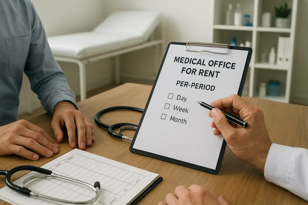 Duas pessoas em um consultório médico discutem opções de aluguel por período. Uma delas segura uma prancheta com opções de locação por dia, semana e mês, enquanto a outra apoia as mãos sobre a mesa ao lado de um planner semanal e um estetoscópio. Ao fundo, é possível ver uma maca e uma estante com itens médicos, reforçando o ambiente profissional da cena.
