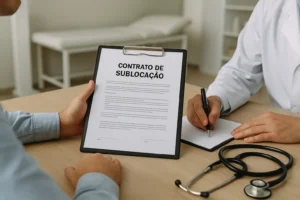 Dois profissionais em um consultório médico formalizam um contrato de sublocação. Um deles segura uma prancheta com o título em destaque “CONTRATO DE SUBLOCAÇÃO” em português, enquanto o outro, de jaleco branco, assina um documento sobre a mesa. Um estetoscópio está posicionado ao lado, reforçando o ambiente clínico e profissional. Ao fundo, vê-se uma maca e prateleiras com itens médicos, compondo um cenário bem iluminado e organizado.