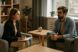 Psicóloga e paciente em sessão de terapia em um consultório confortável e bem iluminado. A profissional, sentada em uma poltrona, usa roupa social e segura uma prancheta enquanto ouve atentamente o paciente, um homem com barba e óculos, que está sentado à sua frente com as mãos entrelaçadas. Ao fundo, há uma estante com livros e plantas, uma mesa lateral com relógio e uma janela com cortina cinza, criando um ambiente acolhedor e profissional.