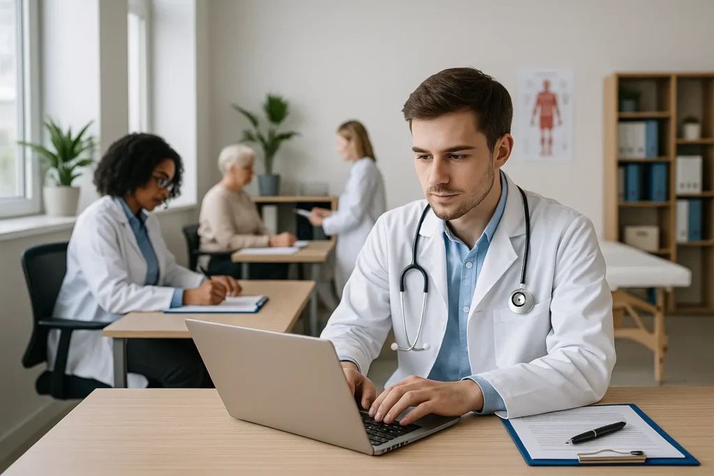 Imagem realista de alta resolução mostra um médico jovem, de pele clara e jaleco branco, sentado em um consultório moderno dentro de um coworking de saúde. Ele trabalha concentrado em um laptop sobre uma mesa organizada, enquanto ao fundo é possível ver uma sala com decoração clean, equipamentos médicos básicos e iluminação natural entrando pela janela. O ambiente transmite praticidade, acessibilidade e profissionalismo, representando uma solução inteligente para médicos em início de carreira que optam por alugar consultórios em espaços compartilhados.