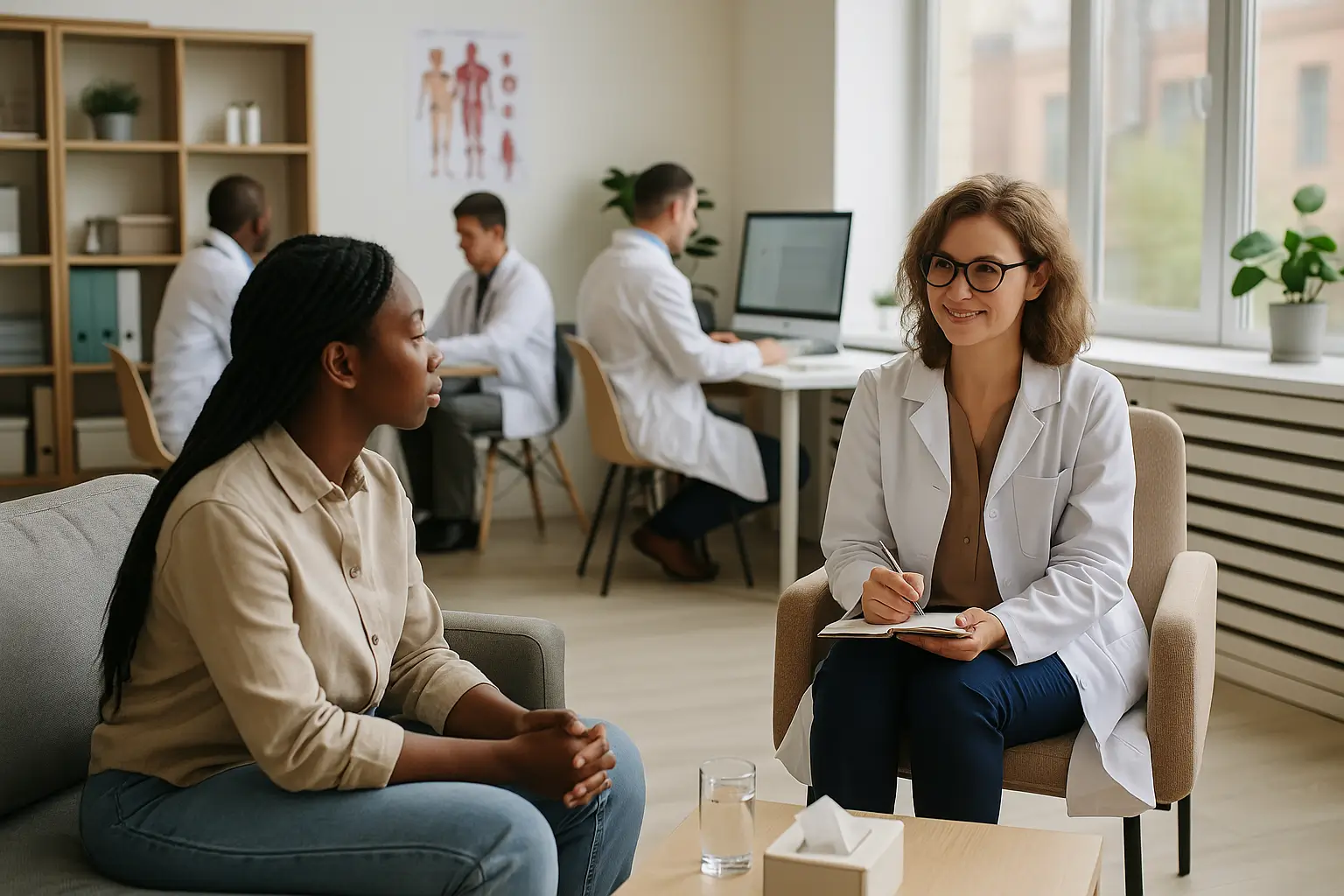 Imagem realista mostra um ambiente amplo e iluminado de coworking voltado para a área da saúde. No espaço, dois profissionais — uma médica e um terapeuta — trabalham em consultórios separados por divisórias de vidro, garantindo privacidade e modernidade. A recepção é organizada, com mobiliário clean, plantas decorativas e grande entrada de luz natural pelas janelas. A cena transmite a ideia de flexibilidade, praticidade e sofisticação na locação de consultórios para profissionais da saúde.