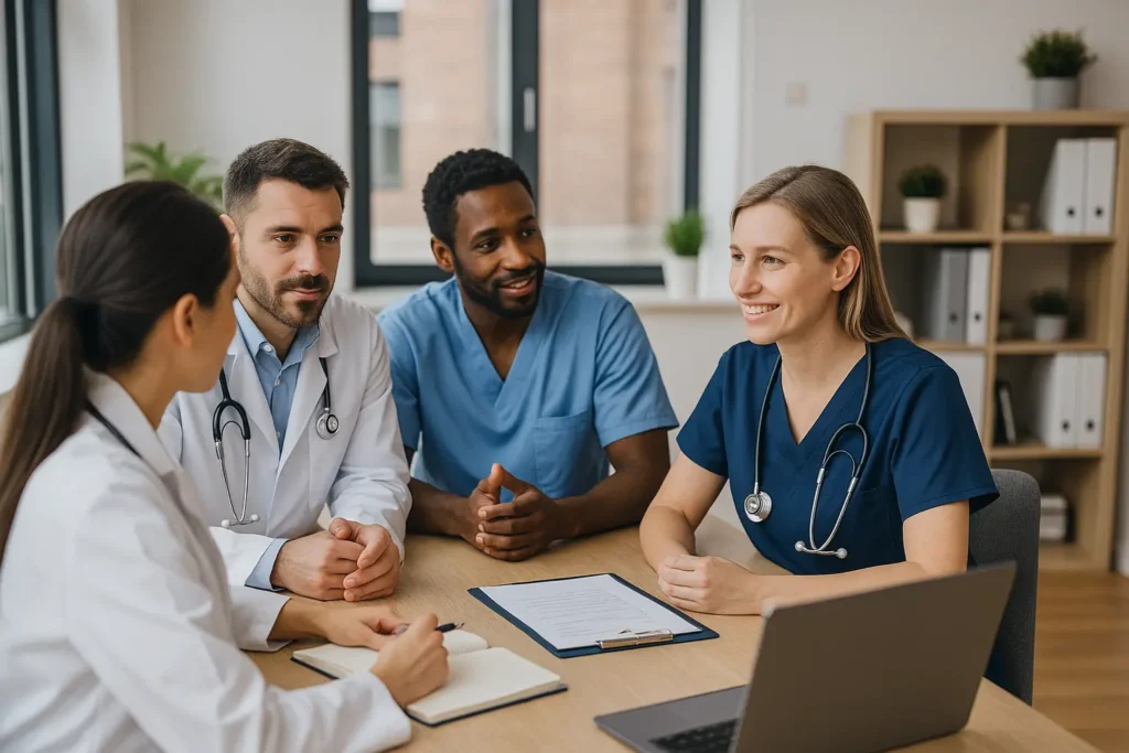 Quatro profissionais da saúde estão reunidos em um espaço moderno de coworking, discutindo de forma colaborativa ao redor de uma mesa de madeira clara. Entre eles, há médicos, uma nutricionista e uma psicóloga, todos com jalecos ou roupas formais e expressões envolvidas na conversa. No fundo, pode-se ver um ambiente iluminado com plantas, prateleiras e quadros decorativos, representando um espaço multidisciplinar acolhedor e voltado à troca de experiências entre especialistas.