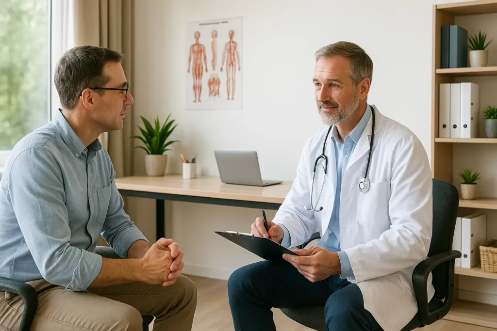 Imagem realista de alta resolução mostra um médico de meia idade atendendo um paciente adulto em um consultório moderno, acolhedor e funcional. O espaço conta com decoração minimalista, iluminação suave e mobiliário essencial, demonstrando praticidade e baixo custo de estrutura. Ao fundo, vê-se uma estante com materiais médicos organizados e uma parede clara com quadros decorativos. A cena representa como o aluguel de um consultório pode ser uma alternativa vantajosa e acessível em comparação à abertura de uma clínica própria.