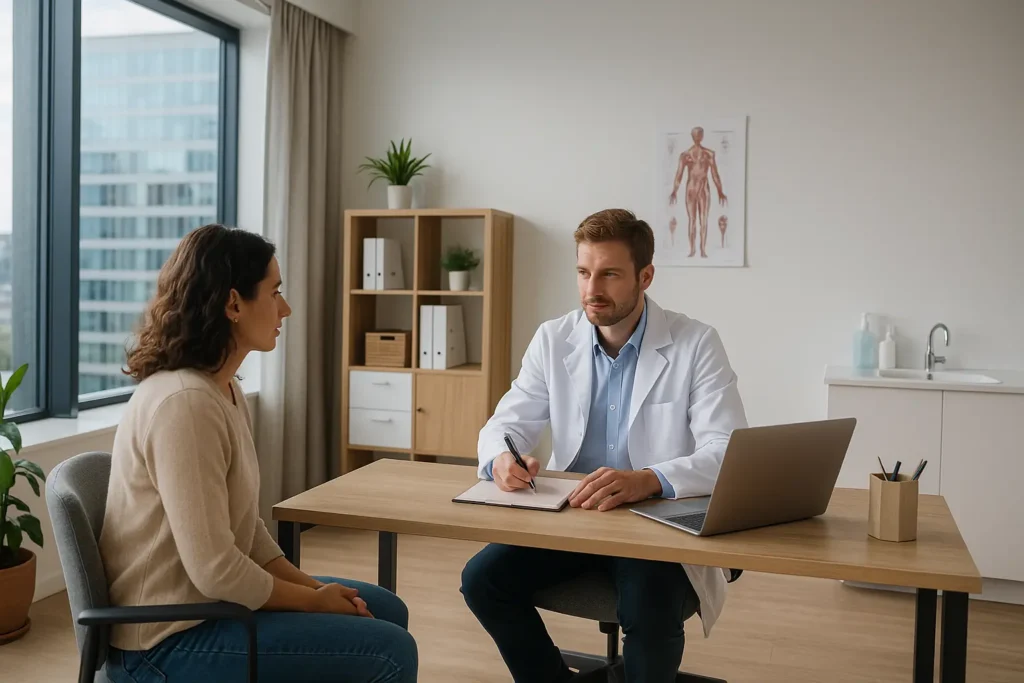 Imagem realista em alta resolução mostra um consultório médico moderno com decoração minimalista e iluminação natural. A sala conta com uma mesa de atendimento, duas cadeiras confortáveis, uma maca posicionada ao lado de uma parede clara e uma estante discreta ao fundo. O ambiente transmite organização, funcionalidade e acolhimento, representando o contexto de aluguel de sala para consultório em regiões centrais, evidenciando tanto a praticidade quanto os desafios do investimento para profissionais da saúde.