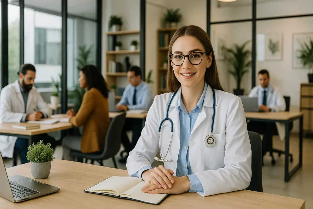 Imagem realista mostra uma médica jovem, de pele clara e cabelos presos, sentada em um ambiente de coworking voltado à saúde. Ela está sorrindo e assinando documentos sobre uma mesa moderna, com um notebook aberto ao lado e uma caneca de café. Ao fundo, é possível ver outros profissionais circulando e consultórios organizados com divisórias de vidro, representando um ambiente colaborativo, profissional e sem burocracia, ideal para médicos que desejam evitar complicações ao negociar contratos de consultório.
